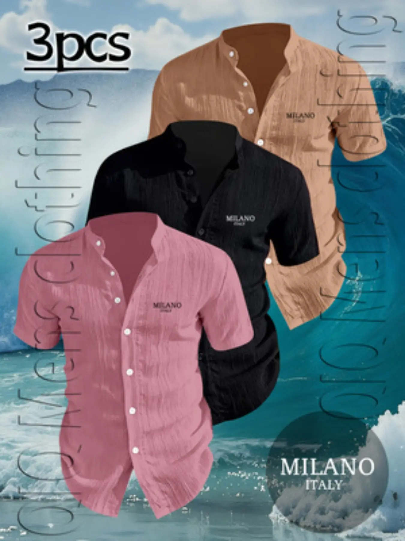3-Pack Men's Top Breathable Wrinkle-Free Short Sleeve Button-Up Casual Button Collared Shirts, Milan Print & Norway Letter Summer Tropical Casual Style, Comfortable Fit