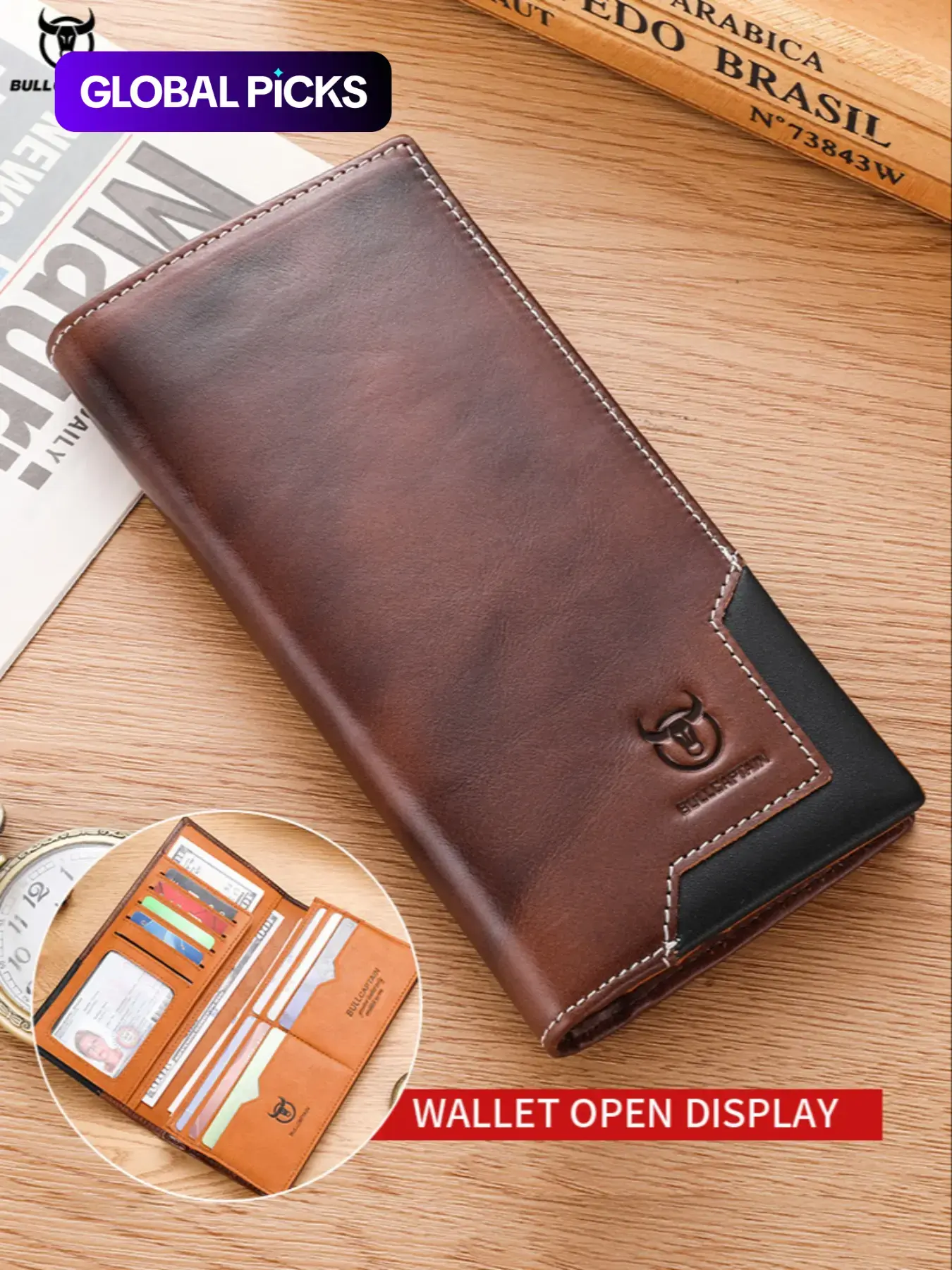 Men's Business Fashion Patchwork Pattern Long Wallet, 1 Piece Vintage Cowhide Zipper Bifold Design, Portable Coin Purse for Daily Use, Cowhide Wallets, Leather Zipper Wallet, Business Style Wallet