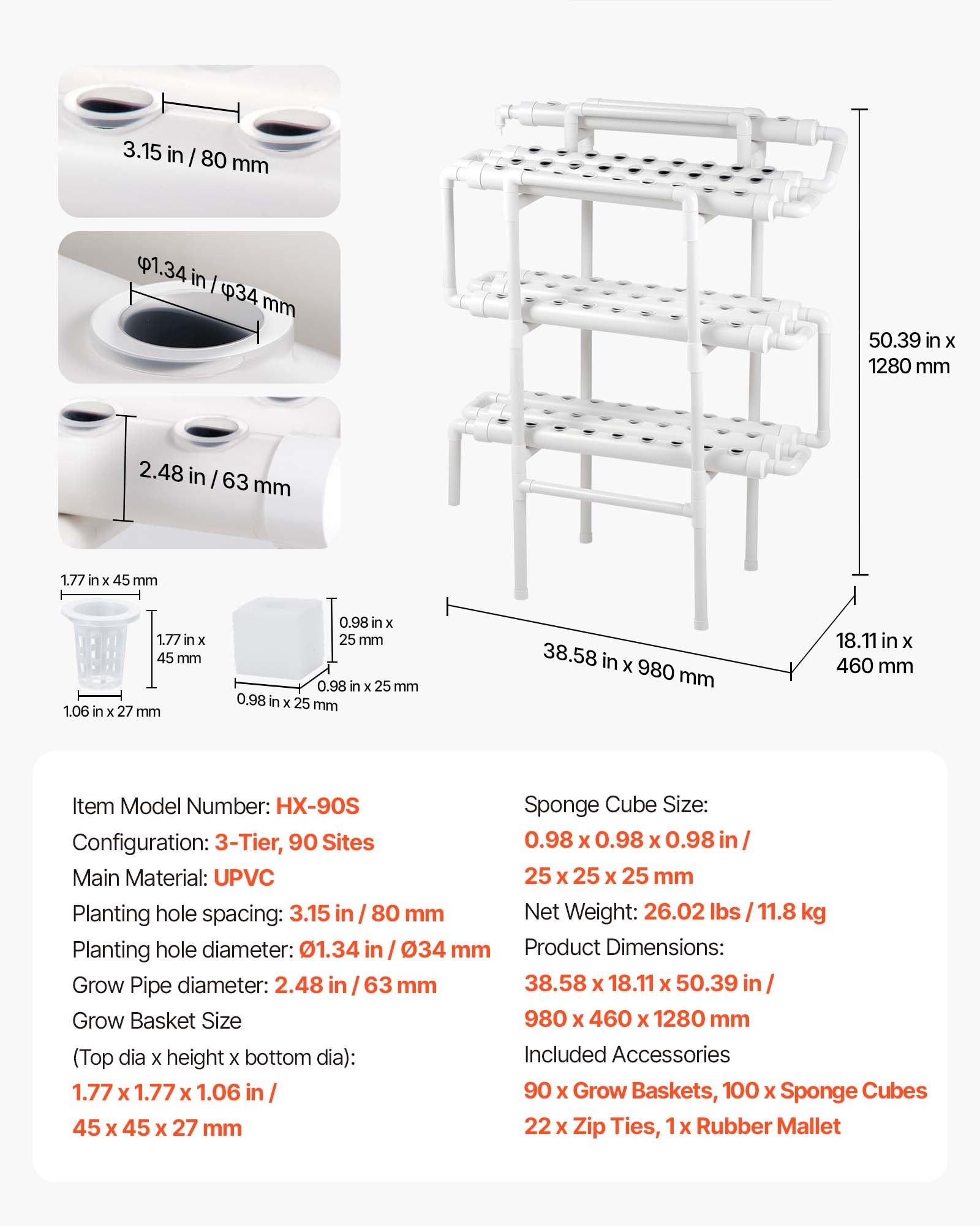 VEVOR Hydroponics Growing System Kit, 3-Tier 90 Sites UPVC Pipe Hydroponic Grow Kit with Timed Irrigation, Sun & Light Blocking Pipes, Indoor Home Garden Vegetable Planting Grow Kits for Fruit Herb