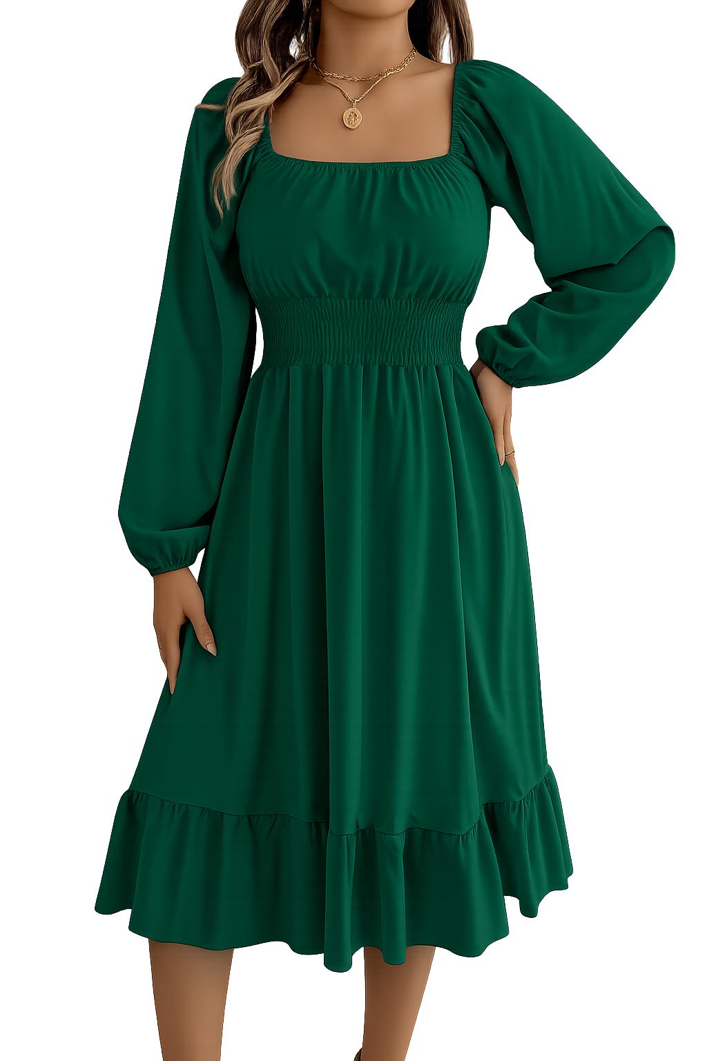 2026 Spring and Summer Leisure Solid Color Square Collar Long Sleeve Waist-Cinched A-Line Skirt