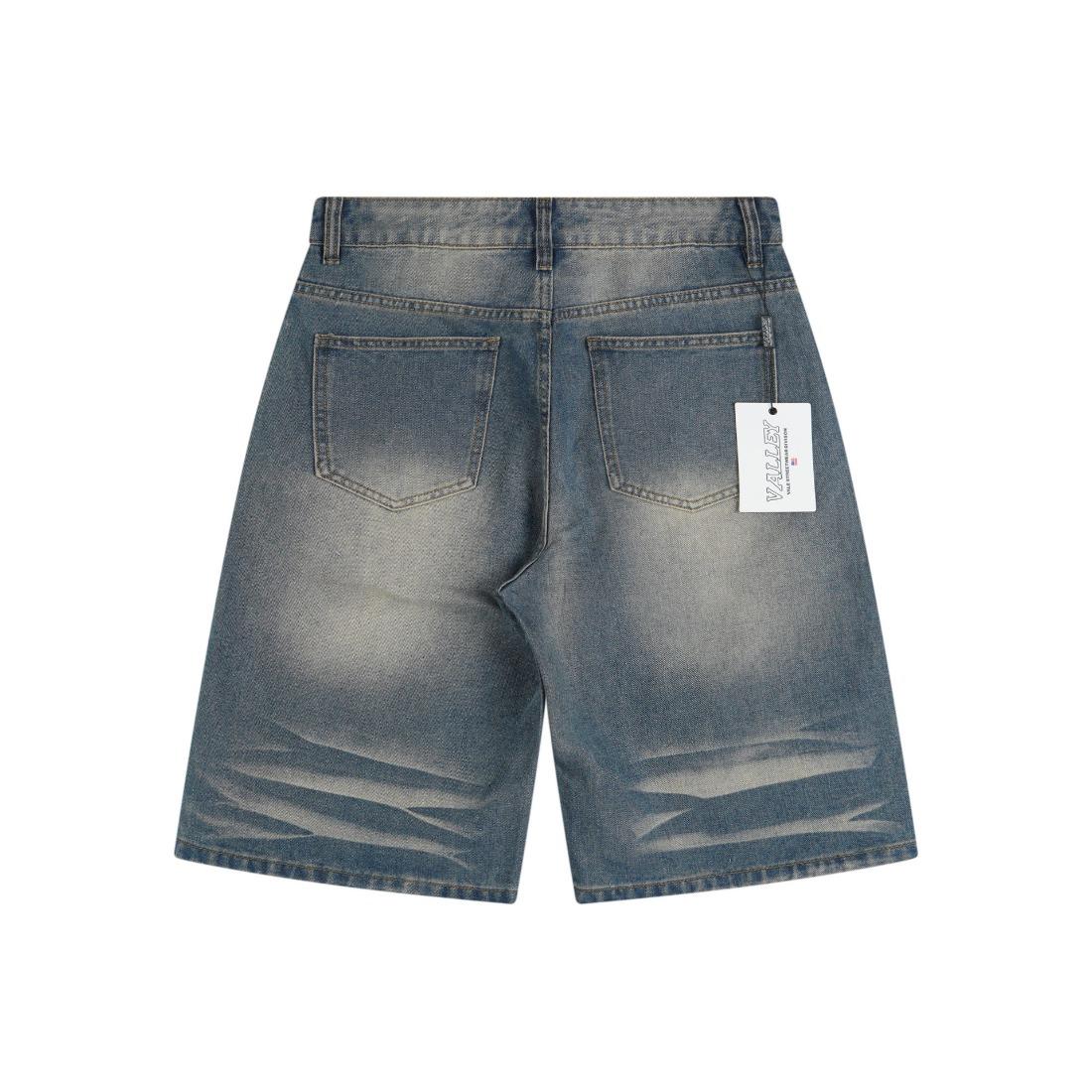 Vale Sports Valley Dreams Vintage Washed Distressed Print Full Rhinestone Bling Diamond Harajuku Letter Embroidery Baggy Denim Shorts European American Hip Hop Y2K Streetwear Loose Knee Length Casual Sparkly Trendy Jeans Shorts For Men Unisex