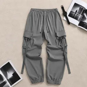 Men’s Grey Techwear Cargo Joggers with D-Ring Hanging Straps Elastic Drawstring Waist Tapered Street Pants Y2K Utility Style Viral Outfit Baggy Fit Urban Fashion 2026 Trend