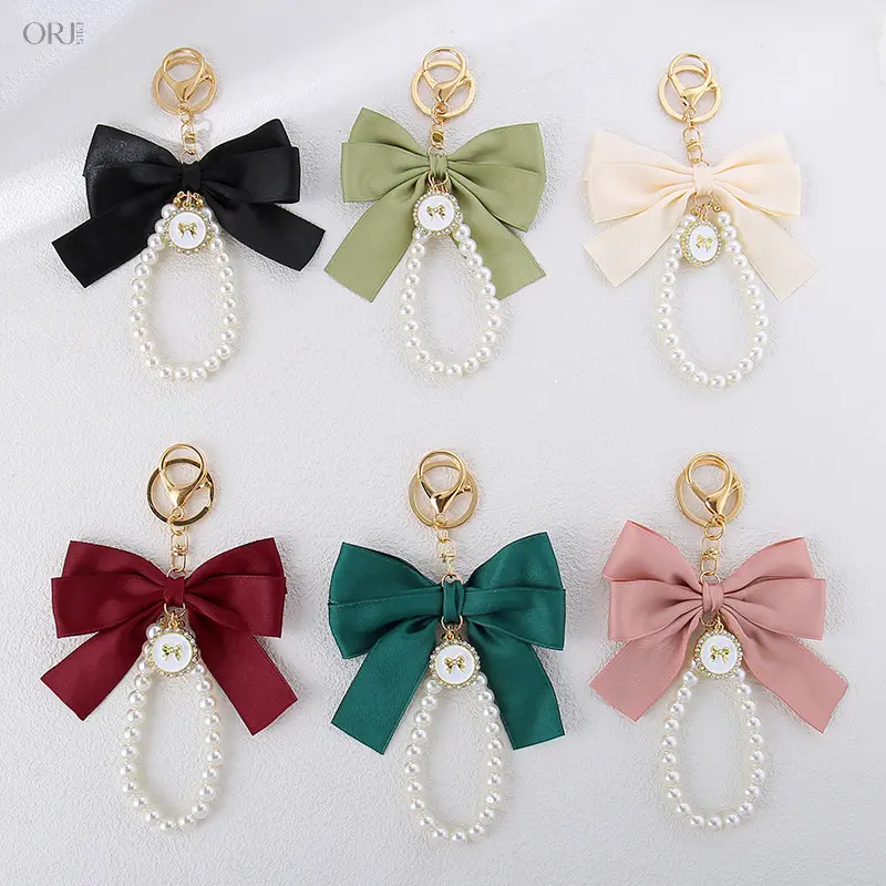 Pearl Bow Keychain Charm, Handmade Colorful Webbing Fabric Bow Accessory for Keyring, Earphone Case & Bag Decoration
