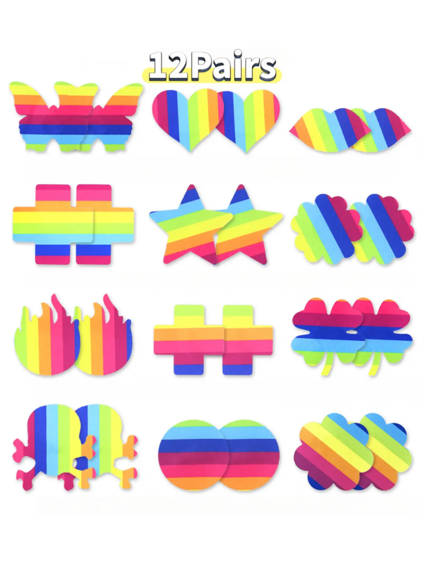 12 pairs of disposable breathable strapless rainbow striped satin covers, available in multiple shapes, suitable for girls for Pride Day, fashion accessory