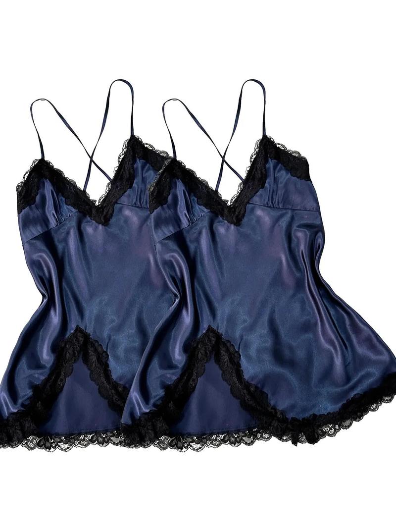 Valentine's Day Women's Contrast Lace Criss Cross Bow Back Satin Cami Nightdress, Elegant Spaghetti Strap Split Hem Backless Nightgown, Gift for Her, Dresses for Women, Women's Summer Sleepwear