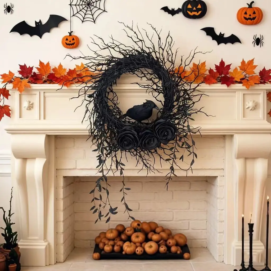 Halloween Wreath 45cm, Gothic American Style, Crow Dried Branch Rose Decoration, Wicked Ornament, Door Wall Home Decor, Year-Round Use