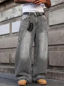 Four-season men's loose baggy straight Denim jeans pants, featuring dimensional fading paired with vintage wash and distressing, raw hem design, in an American high-street streetwear casual style.