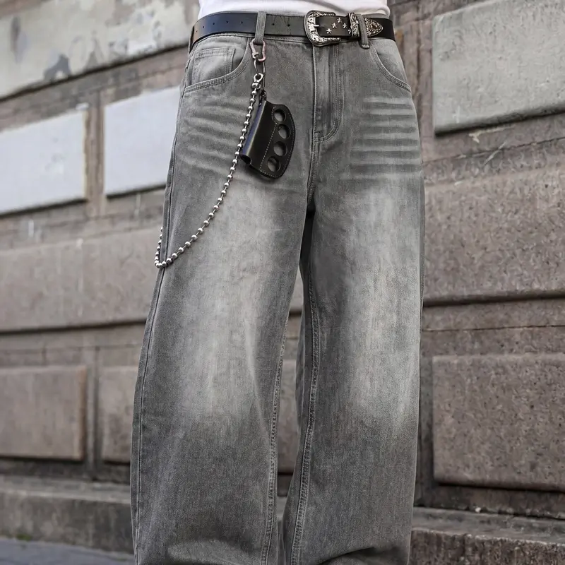 Men's All-Season Loose Straight Leg Denim Jeans, 3D Faded and Vintage Washed Distressed Design, Frayed Hem, American High Street Casual Style (No Belt).