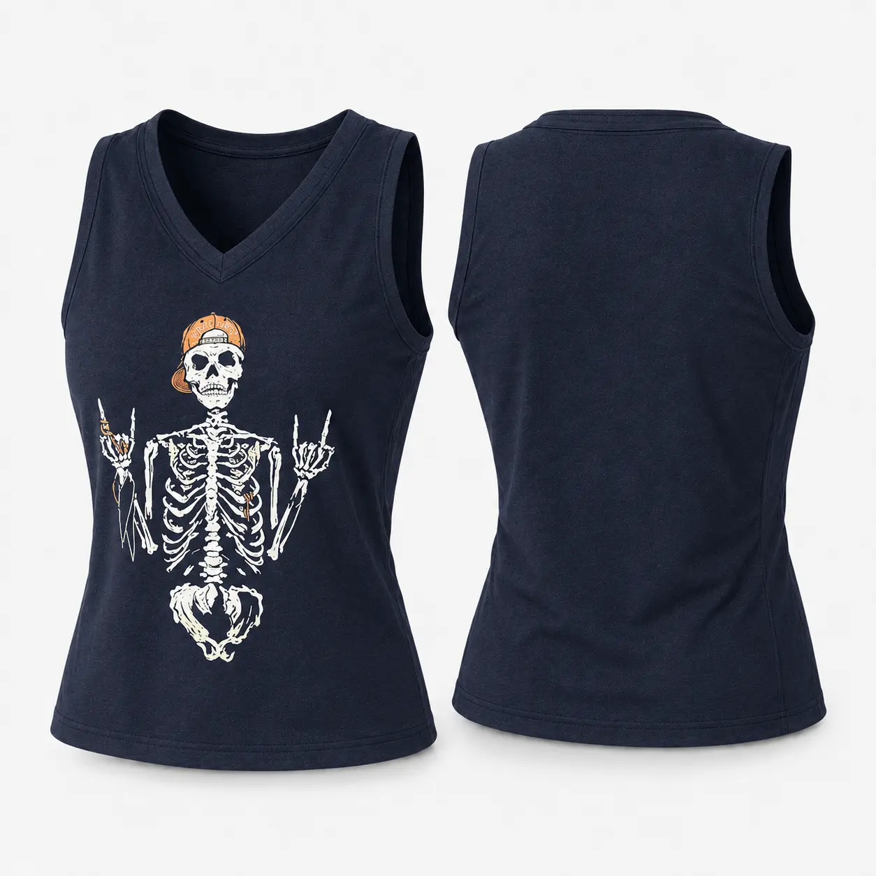 Women's Skull Print Tank Top, Fun Skull Graphic Sleeveless Top, Vintage Streetwear Summer Casual Crew Neck Athletic Tee, Rock Style Printed Blouse, Alternative Trendy Apparel, Y2K Fashion Outfit, Workout Tank, Festival Party Clothing