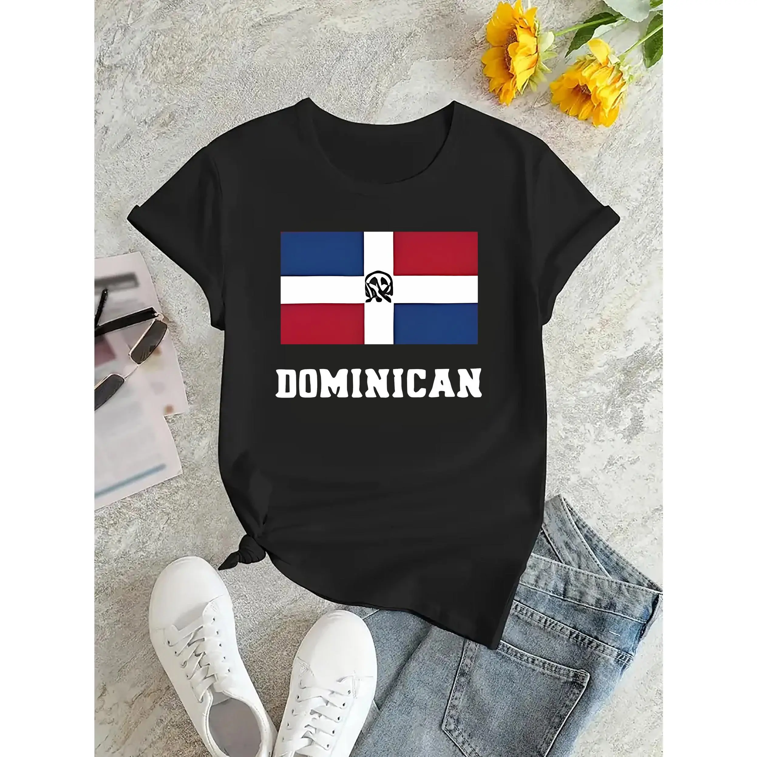 Women's Graphic T-Shirt with 'I Love You Dominican Republic' Print, Casual Crew Neck Top in Medium Stretch Knit Fabric, All Seasons