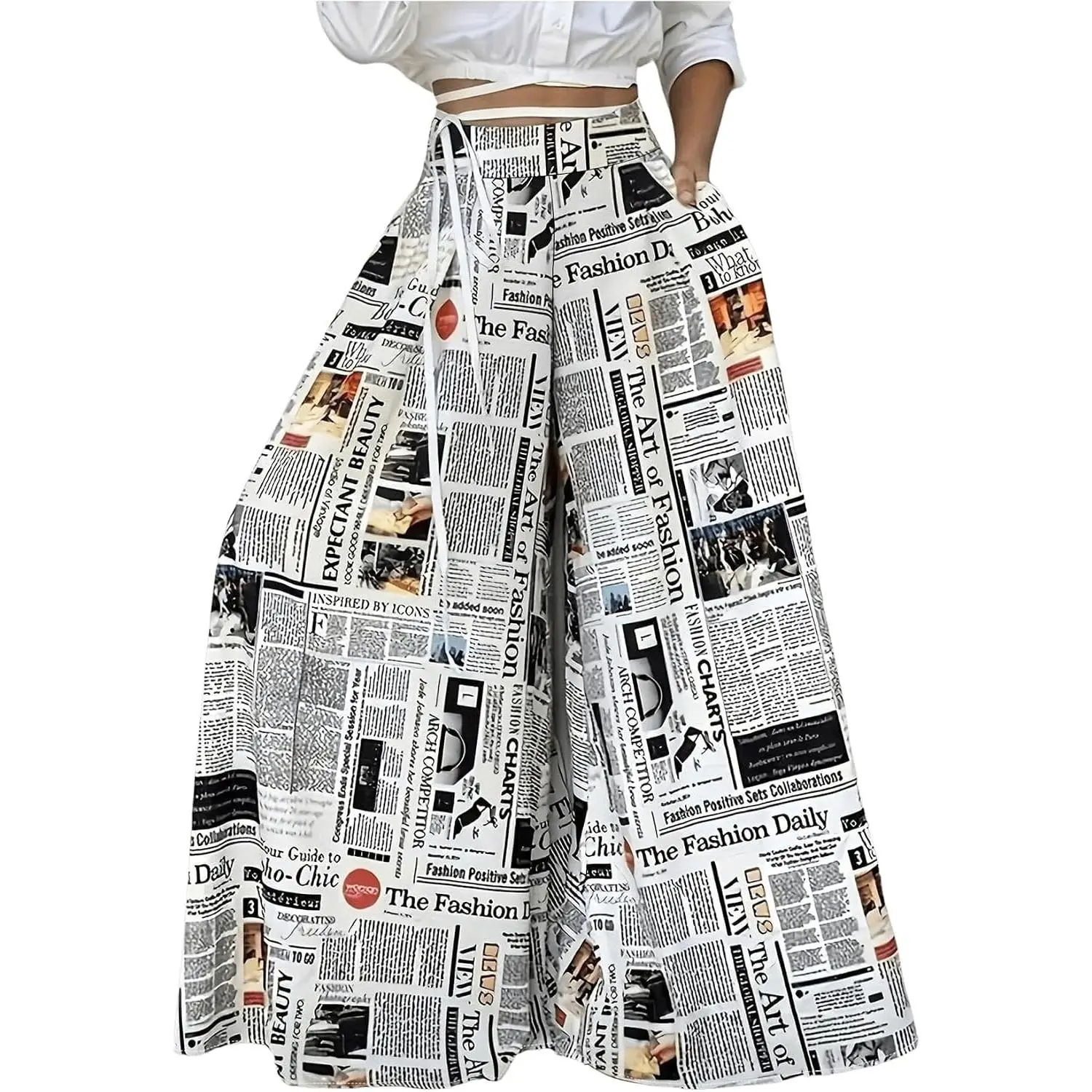 Women's Newspaper Print Wide Leg Palazzo Pants - Elastic Waist Loose Fit Funky Letter Print Trousers(Gift)