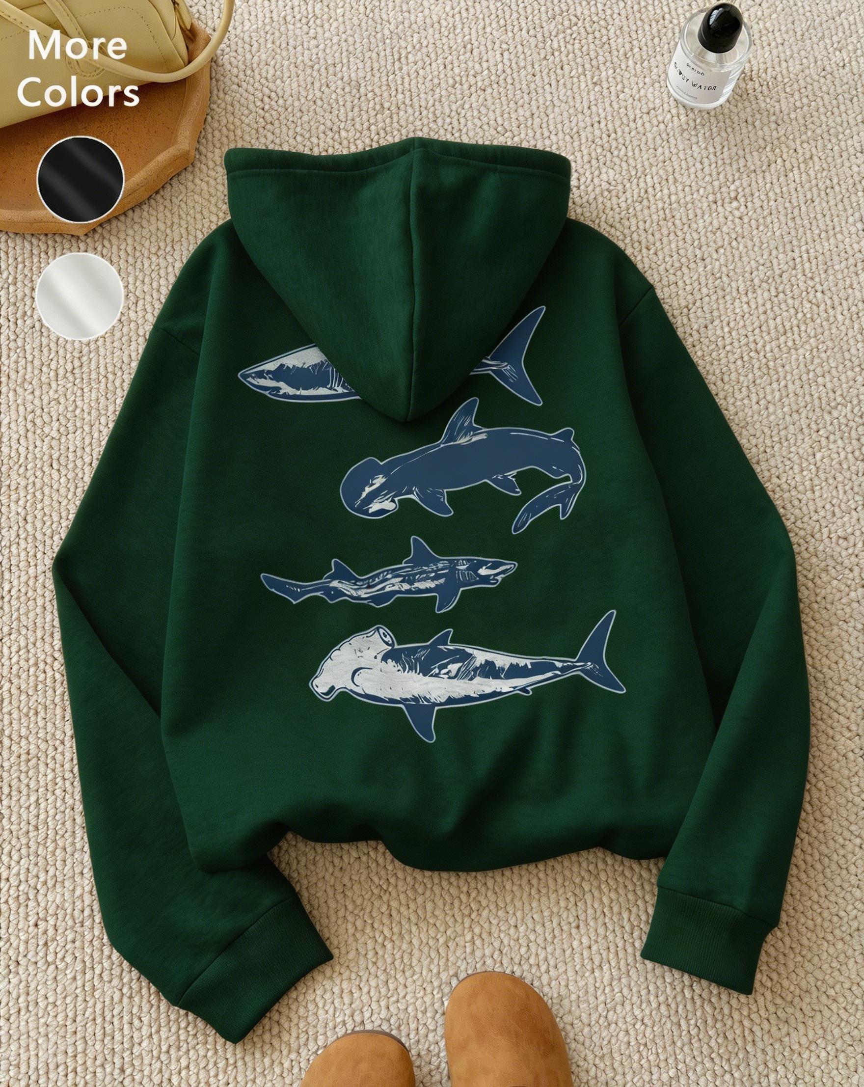 Women's Wool Aesthetic Hoodie, Loose Long-Sleeve Pullover for Autumn and Winter, Shark Print Casual Daily Wear, Unisex Fashion Top