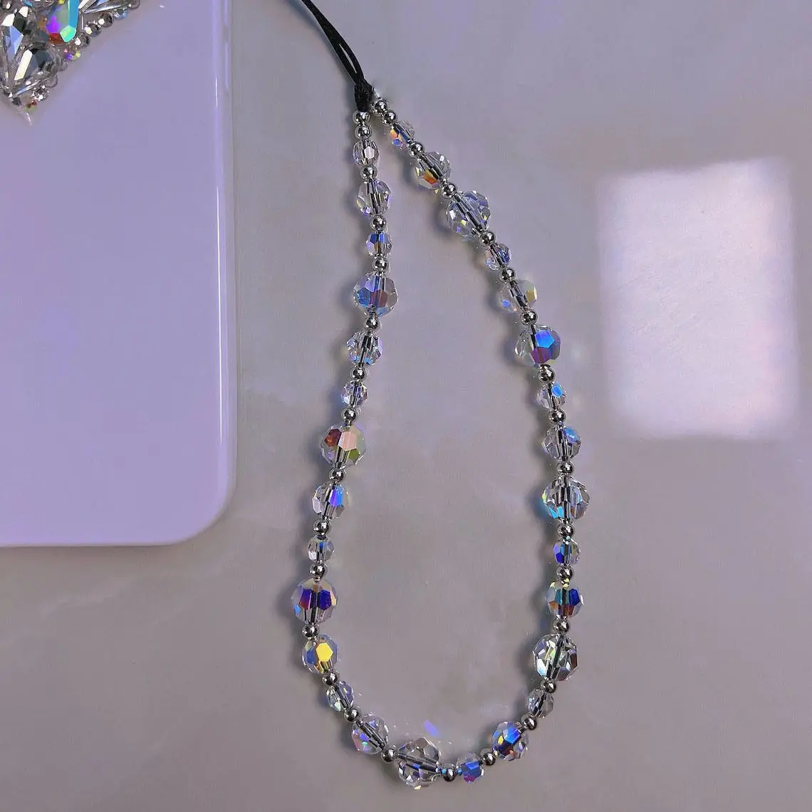 Fashionable Silver Color Glass Phone Chain, Simple Style Mobile Accessory, Digital Camera Lanyard Pendant, Stylish Phone Charm, Phone Accessories, Cell Phone Lanyard