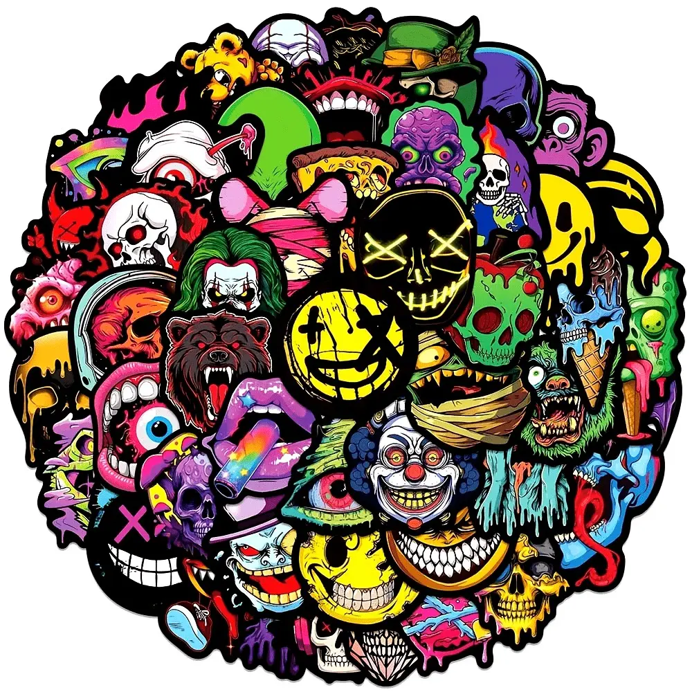 50pcs Dark Cartoon Skull Face Waterproof Stickers, Graffiti Decals for Luggage Guitar Laptop Bicycle Phone, Durable & Stylish Design