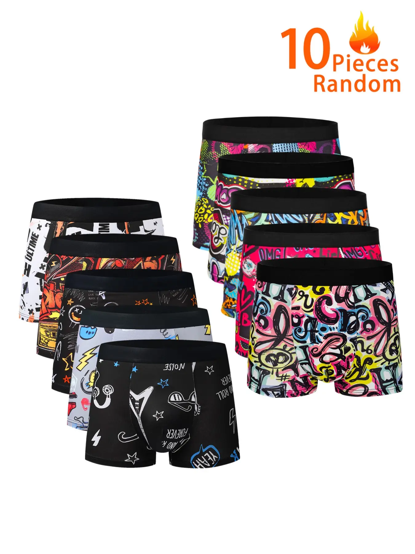 10-Pack Random Cool Graffiti Men's Boxer Briefs, High Elasticity Skin-Friendly Trunk, Elasticity Design Underwear, Youthful Colorblock Print, Comfortable Daily Wear, Casual Boxer Briefs