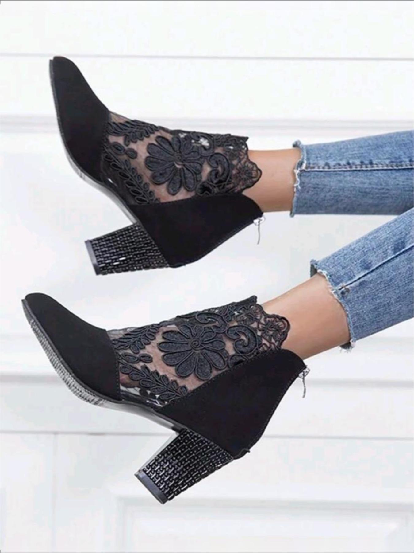YYW1 Women's Fashion Flower Embroidered Design Contrast Lace Ankle Boots, 1 Pair Elegant Pointy Toe Heeled Boots Daily Wear, All-match Boots Women & Girls, heels, Pointy Toe Boots, Embroidery Ankle Boot