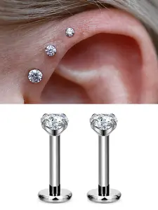 2Pc Stainless Steel Lip Stud Flatback star Round CZ Threaded Labret Ear Helix Cartilage Tragus Lobe Piercing Body Jewelry