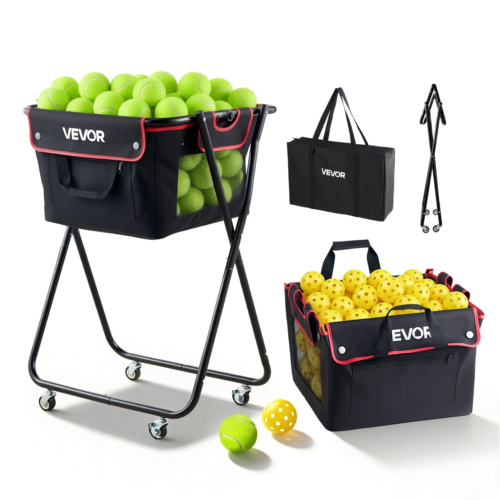 VEVOR Foldable Tennis Ball Hopper Cart Caddy, PVC Mesh, Foldable Frame, 360° Locking Wheels, Black, Holds 175 Tennis Balls or 290 Pickleballs, Detachable Storage Bag for Storage Organization, Training Coaching