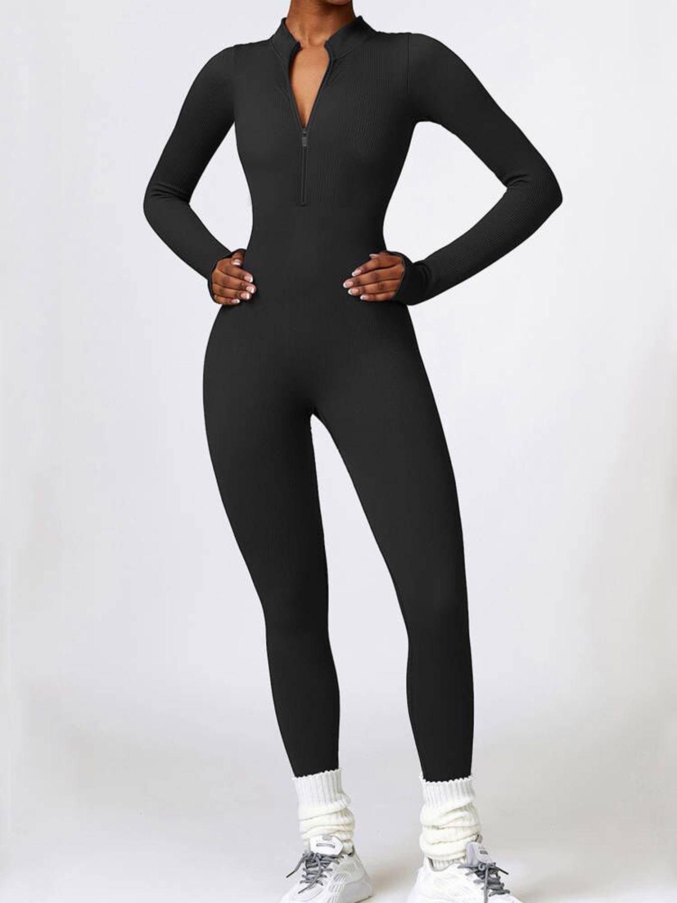 Women's Solid Zip Up Stand Collar Sports Jumpsuit, Fitness Long Sleeve Seamless Jumpsuit for Yoga Gym Workout, Holiday Outfits, Ladies' Sport Clothes Clothing, Tummy Control