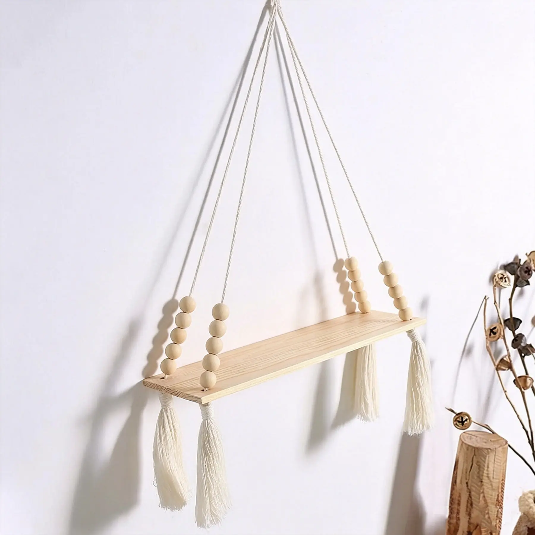 Bohemian Wooden Plant Hanger, Wall Mounted Storage Rack, Cotton Rope Hanging Shelf, Floating Shelf, Wall Shelf Unit, Decorative for Living Room, Bedroom, Bathroom, Plant Hangers Indoor