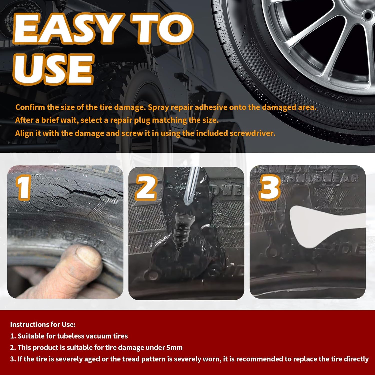 60PCS Car Tire Repair Rubber Nail Kit,Self-Tapping Tire Plug Kit Includes Tires Repairs Screws/Screwdrivers/Glue,Professional Tires Repair Screws Kits for Cars/Motorcycle