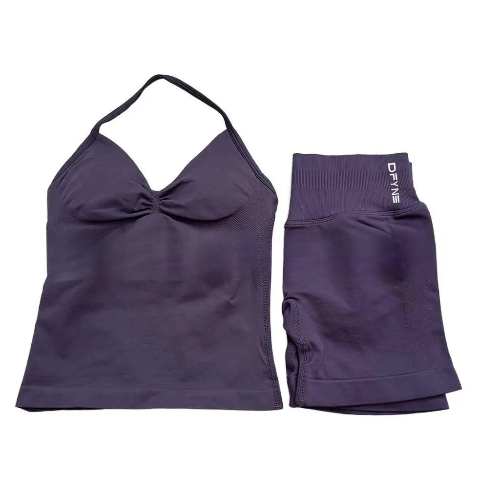 DFYNE Seamless 2-Piece Workout Set| Ruched Halter Top & High Waisted Shorts