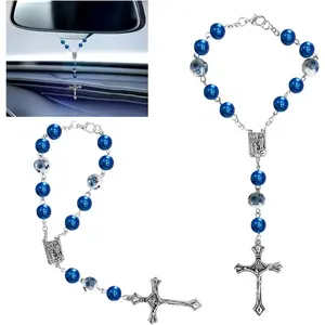 2PCS Car Rosary, Blue Ceramic Beads Cross Pendant, Hanging Charm for Rearview Mirror, Auto Interior Decor for Men Women