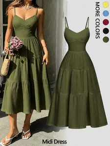 Elegant Plain Fitted Feminine Dress with Thin Straps and Layered Ruffle Waist, Medium-Length Casual Women's Dress, Lightweight and Comfortable Summer [midi dress]