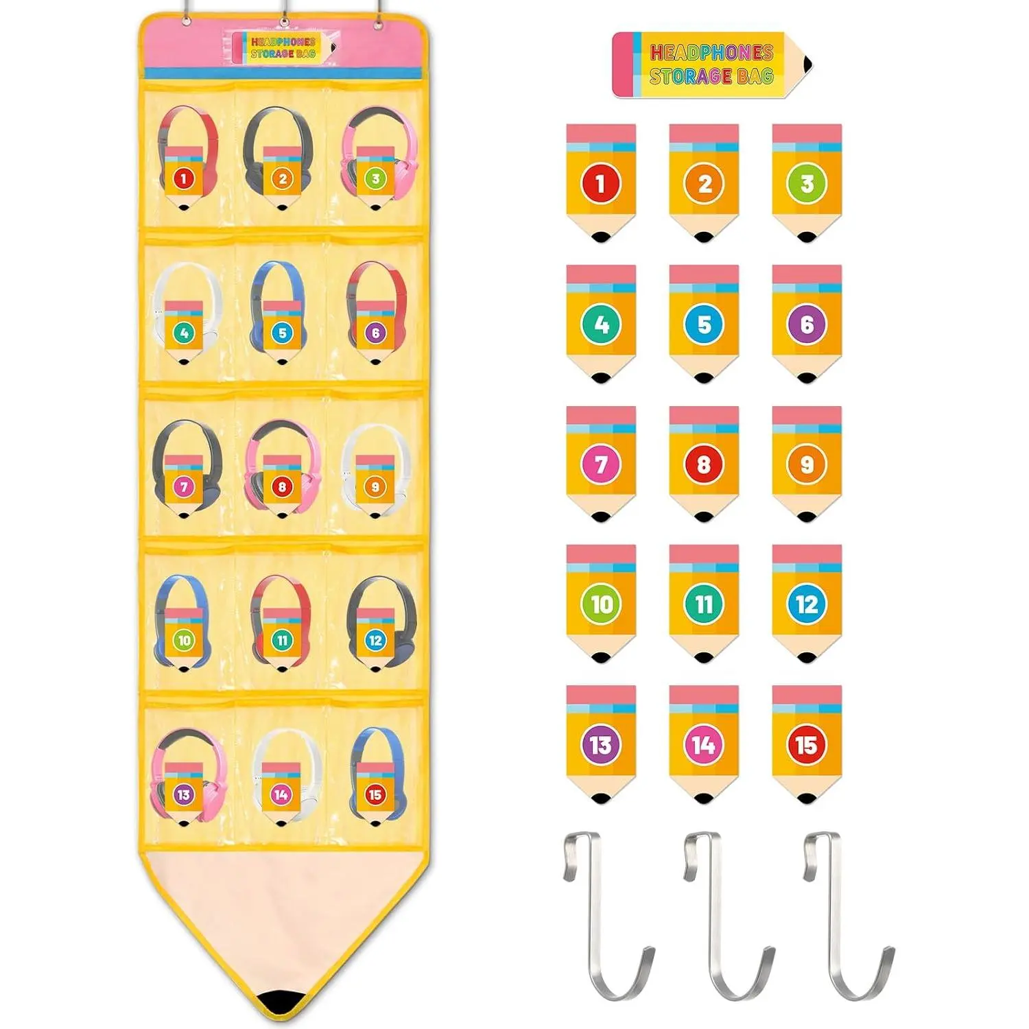 Pencil Shaped Classroom Headphone Storage Organizer Over the Door  Headphone Storage Bag 15 Organizer Holder Pockets with 31 Stickers 3 Hooks for School Cell Phone Organization Supplies
