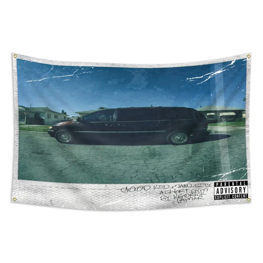 1pc, Retro Vintage Minivan Photo Print Flag Banner, Kendrick, Good Kid, 2*3ft(60*90cm) /3*5ft (90*150cm), 4 Grommets, Single-Sided Printing, for Indoor, Outdoor, Home, Room, Man Cave, Bedroom, Bar, Yard, Garden, Activities, Decorations