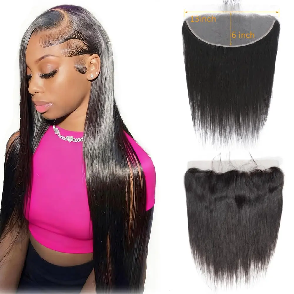 13x6 Lace Frontal  Lace 12 Inch Straight Human Hair Frontal 12A Grade Brazilian Virgin Human Hair Frontal Pre Plucked with  Hair 150% Density  Black Color