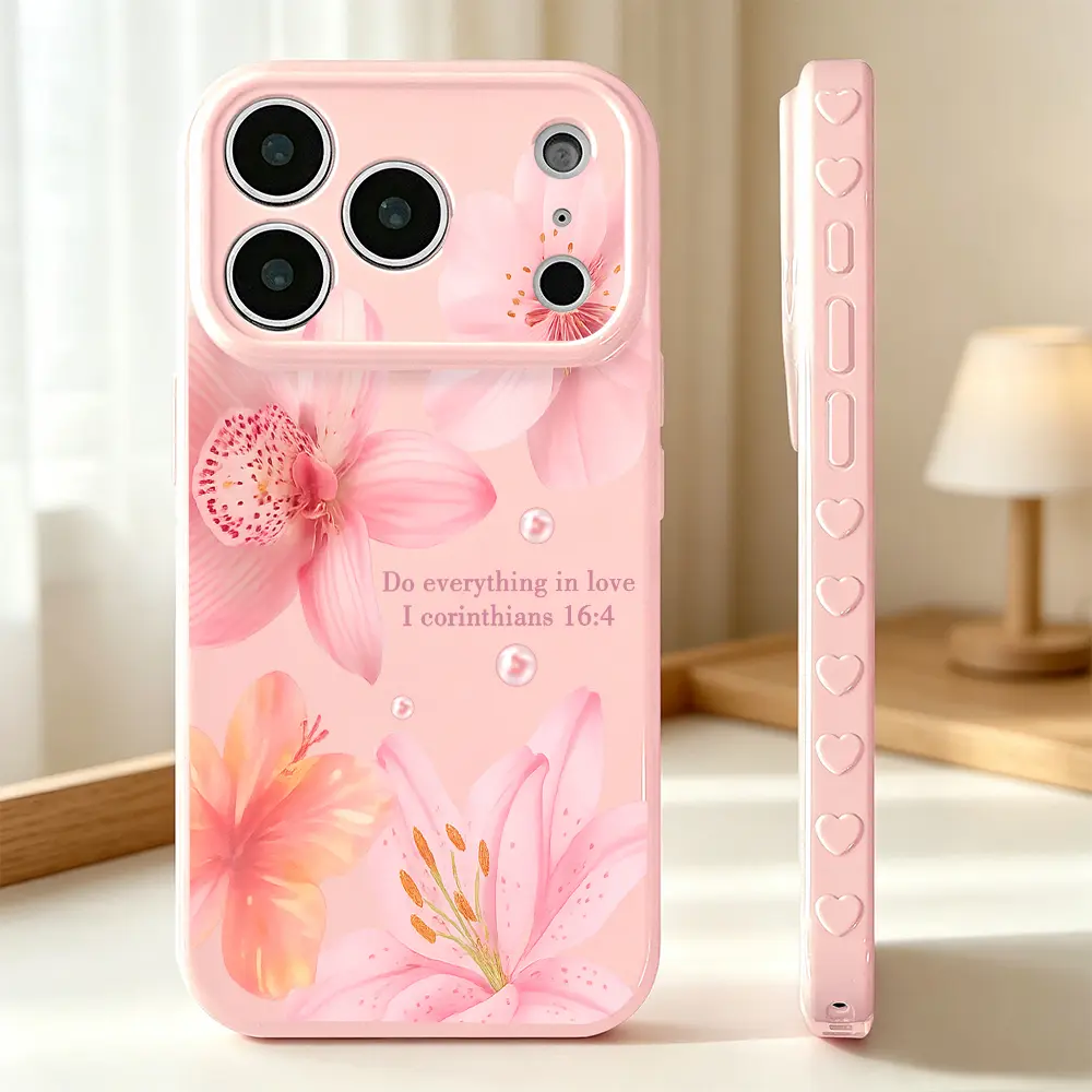 Soft Pink Floral Blossom Cellphone Casing - Elegant Watercolor Lily Orchid Sakura Design with Pearl Accent, Protective Phone Accessories for iPhone 13-17 Pro Max, 17 Air, 16, 15, 14 Devices, Spring Gift