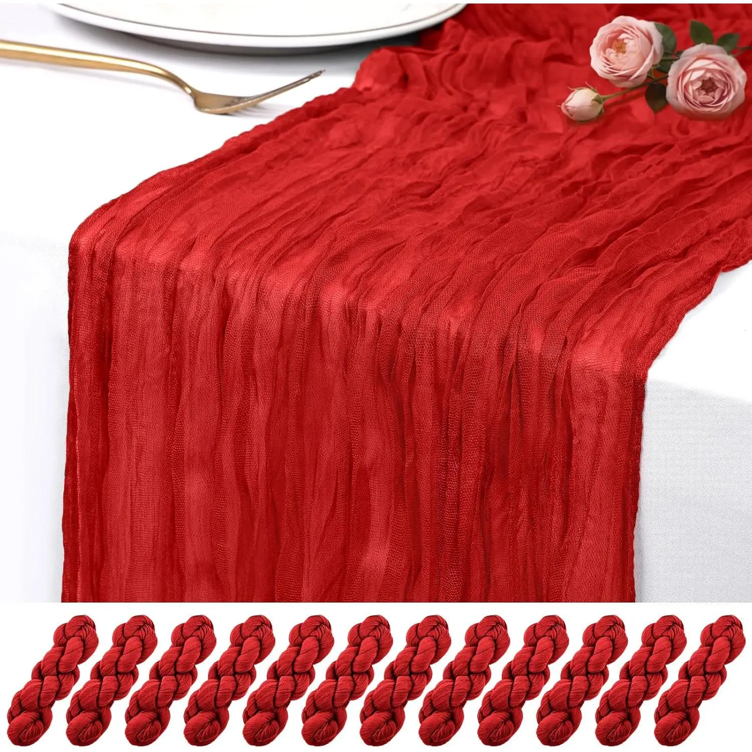10-Pack Durable Rustic Boho Semi-Sheer Breathable Gauze Cheesecloth Table Runners, 17x108in Red Household Runners for Wedding, Party, Home Décor, Machine Washable Home Supplies