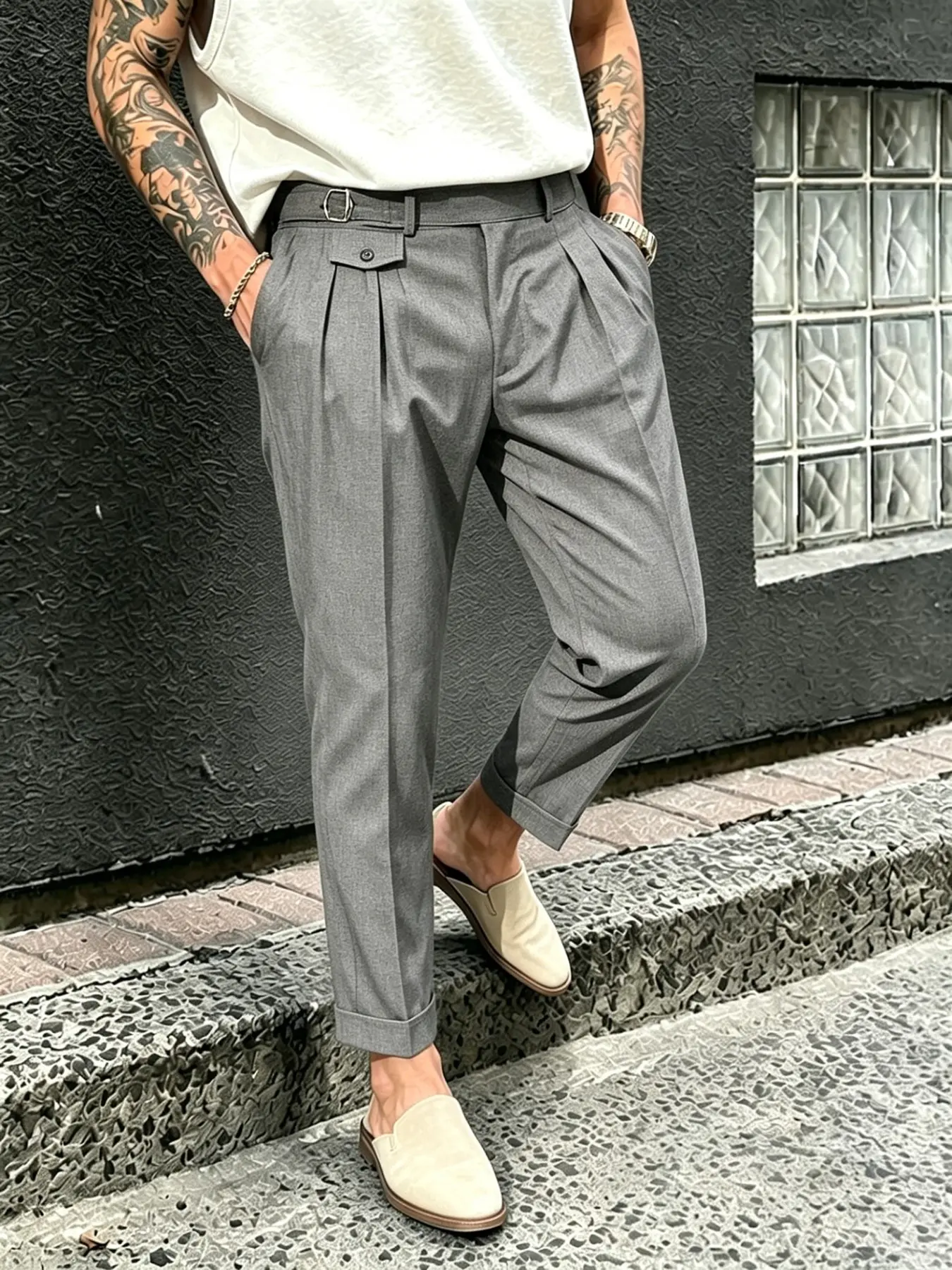 Vintage Waist Buckle Design Slim Fit Casual Fashion Fitted Casual Street Style Trousers, Plaid Fabric, All Seasons, Classic Style, Men's Business Wear, Casual Work Pant