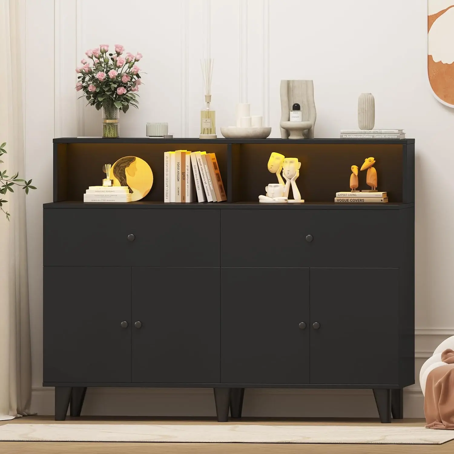 Modern Buffet Sideboard Cabinet with LED Light & Power Outlets - 6 Drawers, Adjustable Shelves - Freestanding Wood Storage Hutch for Dining Room, Kitchen, Coffee Bar or Living Room - Black Sesame
