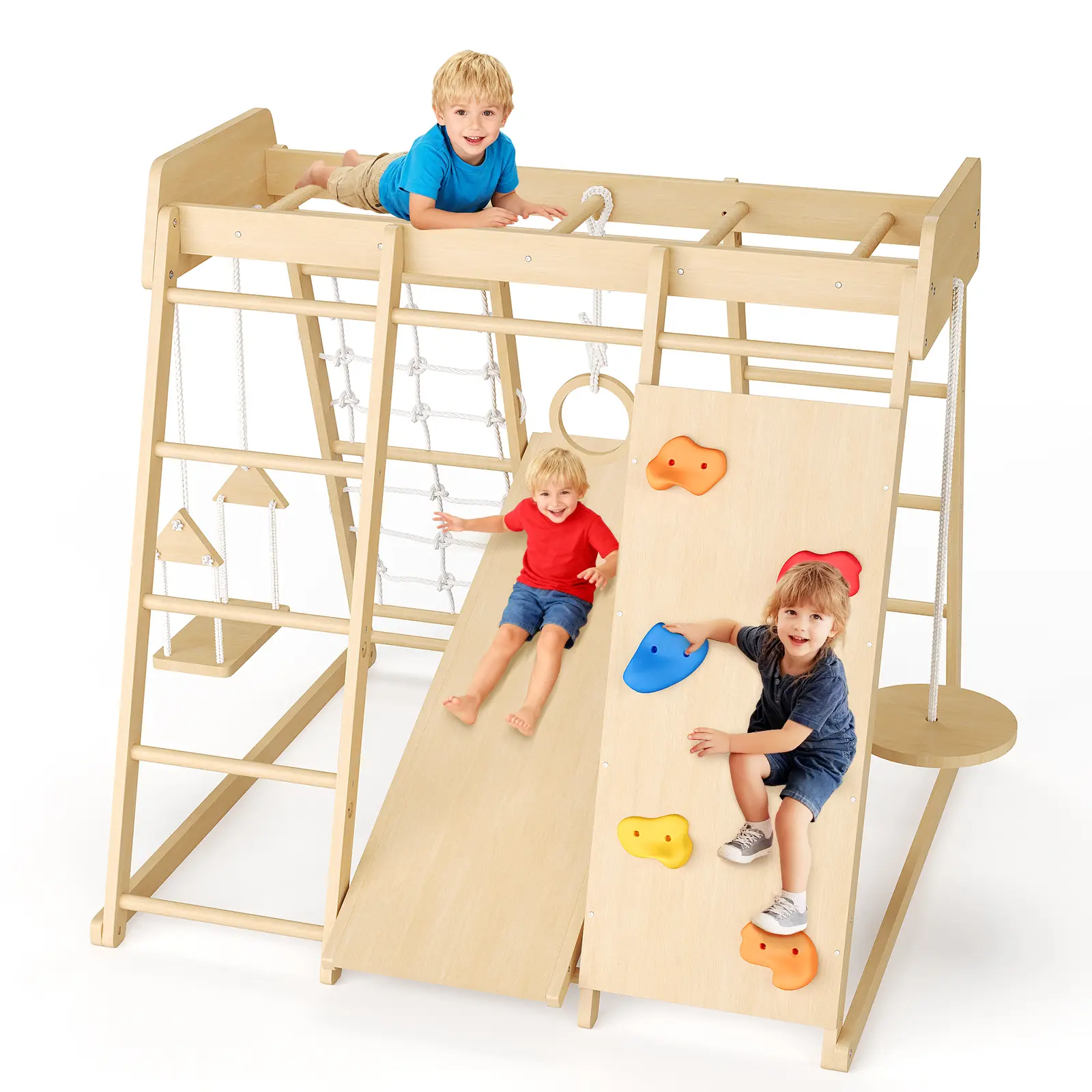 8-in-1  Wooden Jungle Gym for Kids – Child-centered Indoor & Outdoor Playground with Swing, Slide, Monkey Bars, Rock Climbing Wall, Rope Wall, Ladder, Climbing Net – Toddler Climbing Playset – Natural Wood for Ages 1-8