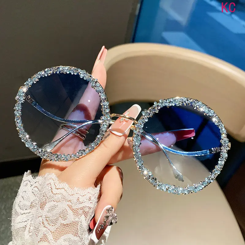 Unisex Lightweight Metal Oversized Round Glasses Decorated With Colorful Crystals, Minimalist Trendy Eyewear For Daily Beach Party And Night Out Styling