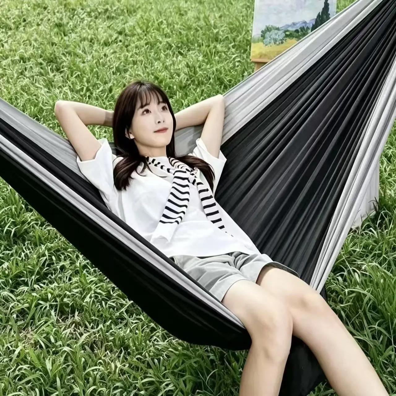 Outdoor Spring Polyester Hammock, Colorblock Single and Double Person, Camping Cycling Indoor Leisure Swing Chair, Comfortable and Durable