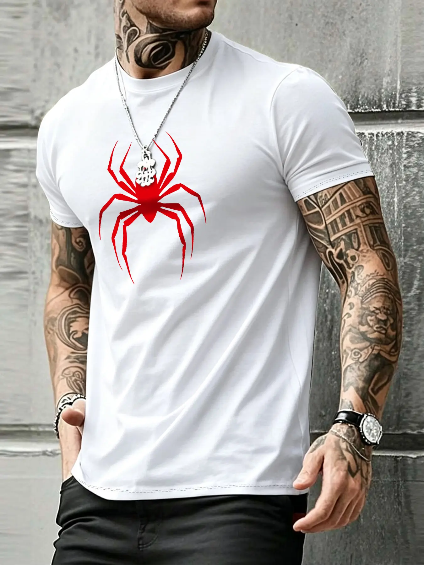 Men's Summer Tropical Casual Round Neck Short Sleeve T-Shirt, Spider Icon Print, Soft and Versatile, Multiple Colors, Streetwear Outdoor Fashion