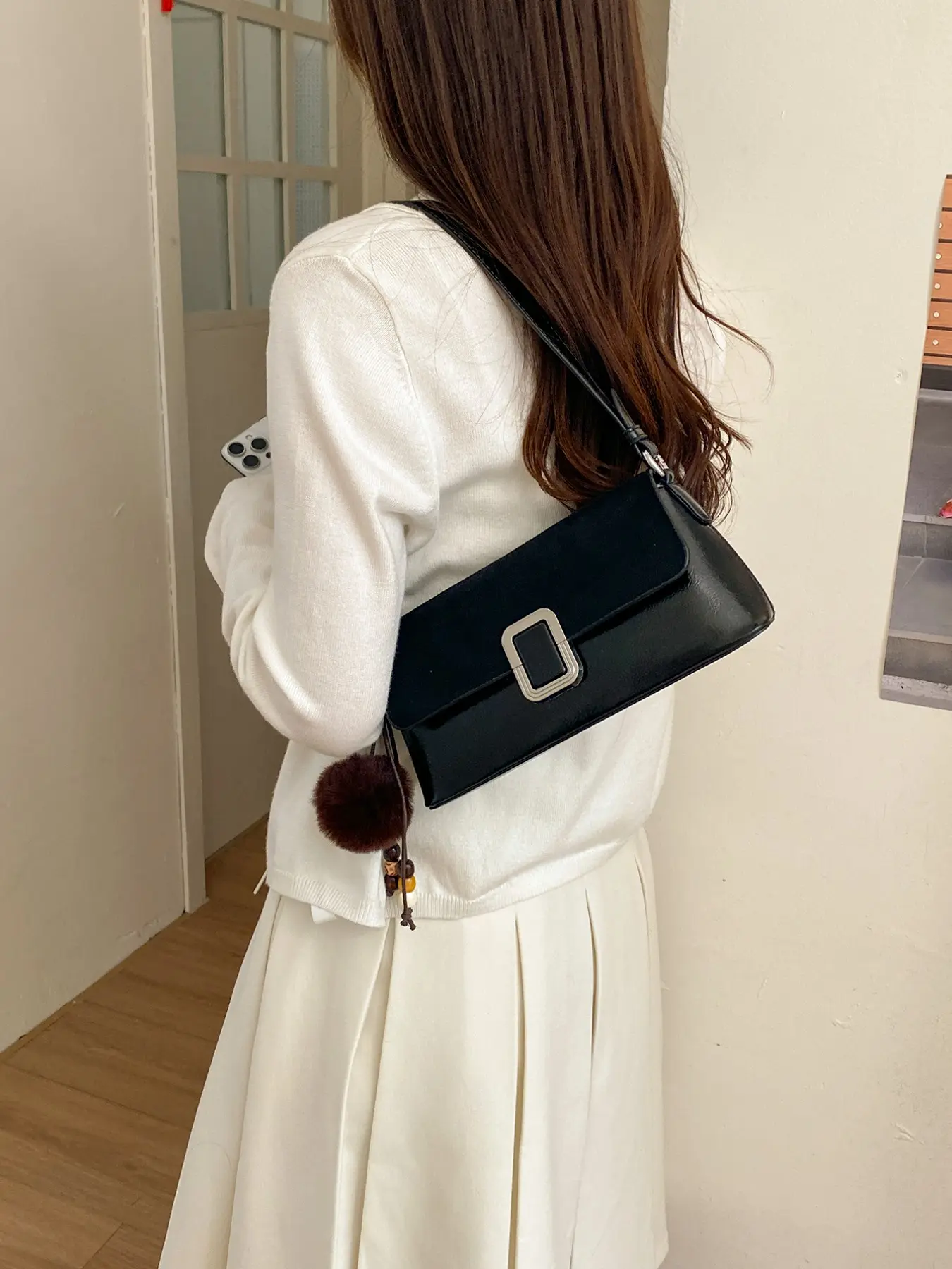 New Vintage Patchwork Bag for Women, Suede and Glossy Leather Crossbody Shoulder Bag, Includes Pom-Pom Pendant, Adjustable Straps