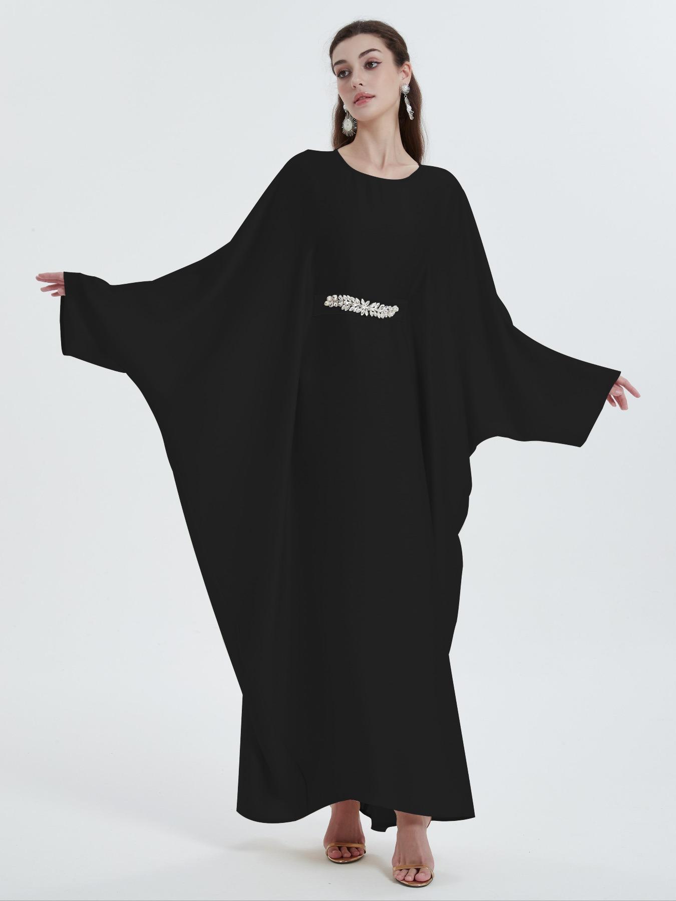 Women's Plain Rhinestone Decor Batwing Sleeve Kaftan Dress, Elegant Modest Maxi Dress for Party Wedding Guest, Dresses for Women, Ladies Longsleeves Dress, Minimalist Womenswear, Modest Clothes for All Seasons, Formal Dress Hides Tummy, Gown