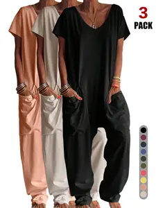 2026 Spring Summer New Arrival Women's V Neck Short Sleeve Jumpsuit, Loose Drop Crotch Harem Romper with Convenient Side Pockets, Lightweight Soft Breathable Wrinkle Resistant Loungewear for Daily Errands Streetwear and Vacation