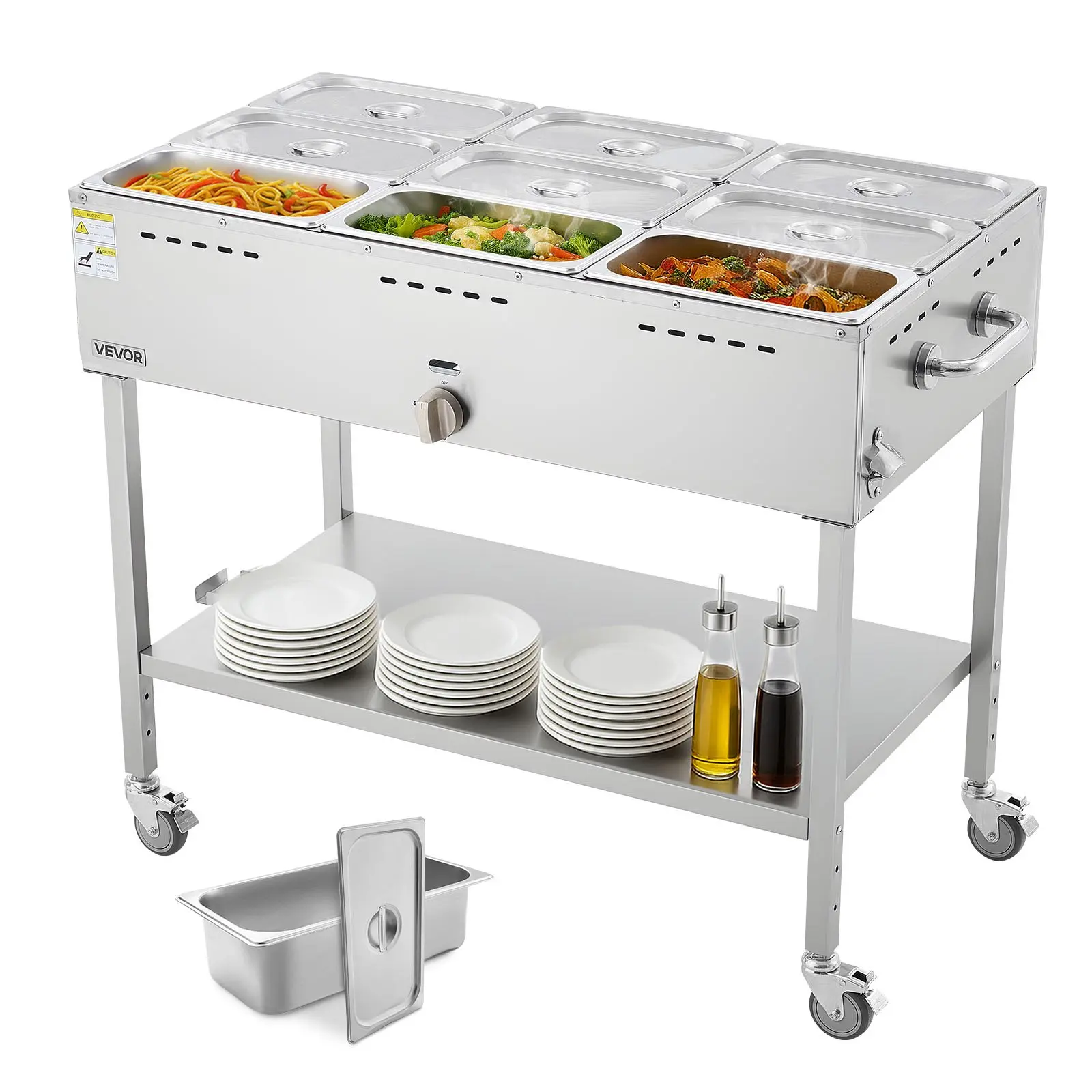 VEVOR 9-Pan Commercial Propane Steam Table, Portable LP Gas Food Warmer with 3" Wheels, 9x1/3 Food Pans, Drain Valve, Adjustable Temperature & Stainless Steel Build for Restaurants, Outdoor Camping