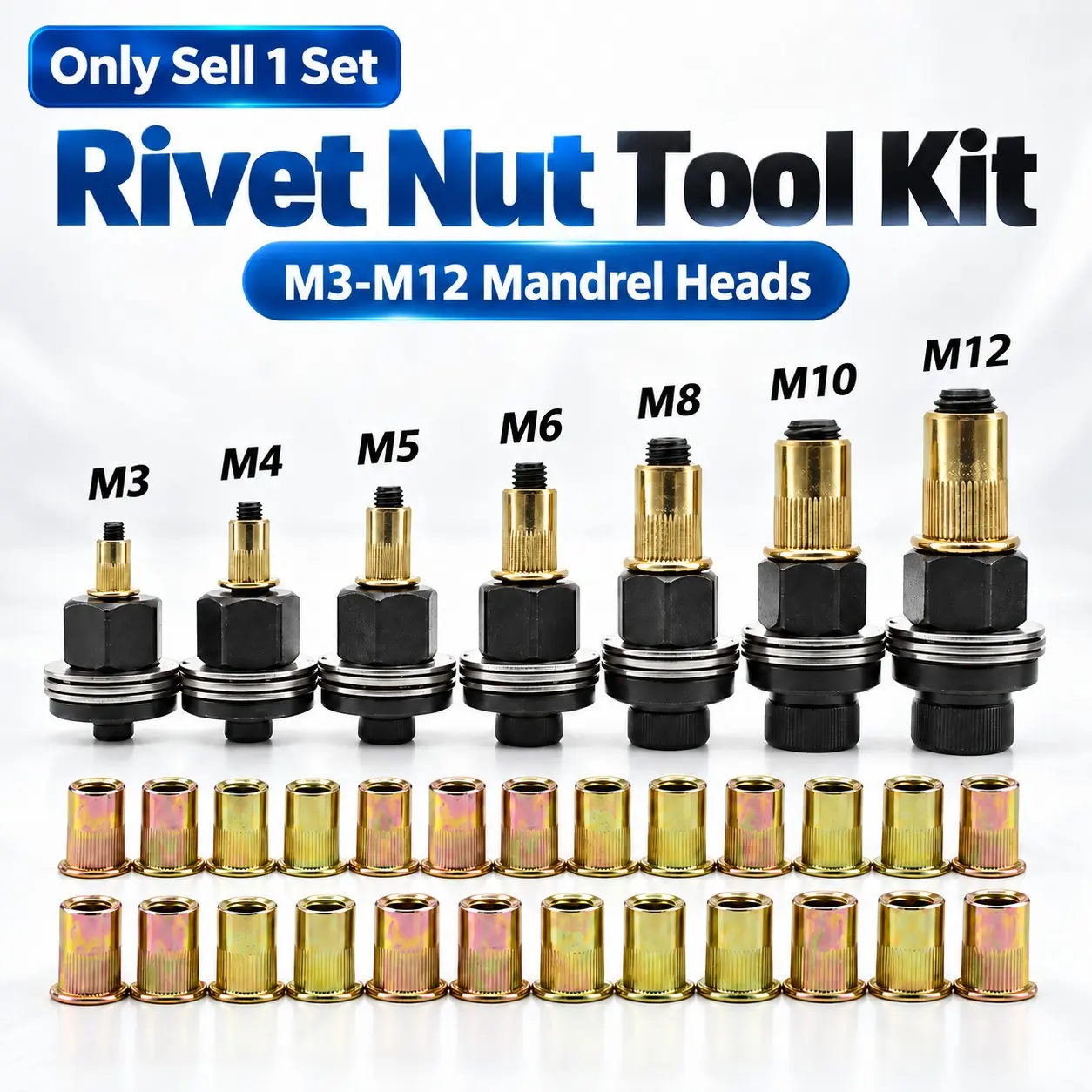 1 Set Rivet Nut Tool Kit, Head Rivet Nut Tool with M3 M4 M5 M6 M8 M10 M12 Carbon Steel Rivet Nuts, Threaded Rivnut Manual Riveter Tool Accessory for Automotive Repair, Metalworking, Sheet Metal and Industrial Applications