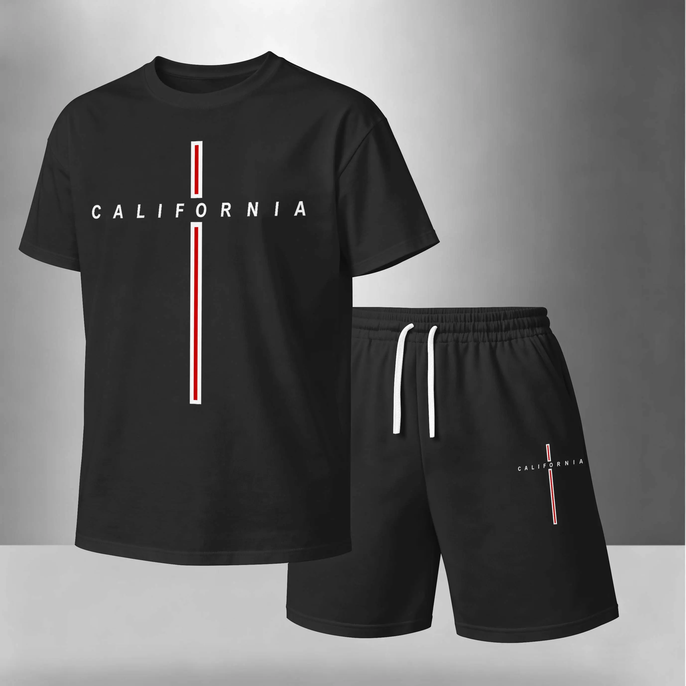 Men’s California Graphic Print Summer 2 Piece Set, Casual Short Sleeve T Shirt and Matching Drawstring Shorts, Lightweight Breathable Outfit for Vacation, Beach, Workout, Streetwear, Outdoor Leisure, Lounging, Running and Daily Wear