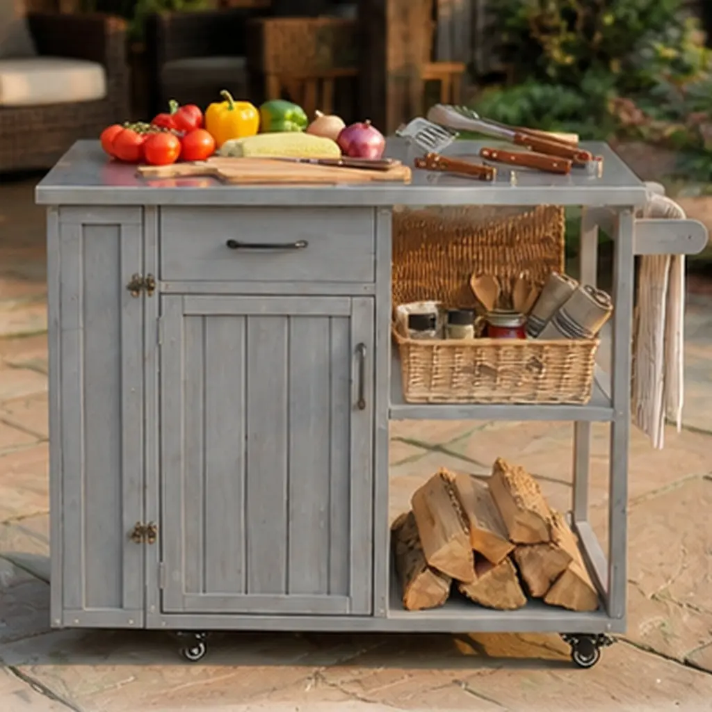ARCH Outdoor Kitchen Island Prep Station with Stainless Steel Top, Lockable Wheels, Towel Rack, Spice Rack, Storage Cabinet, Drawer, Open Shelves, Fir Wood, Grey, 18.5"W x 40.5"D x 35.6"H, for Patio, Garden, Backyard, BBQ, Grilling