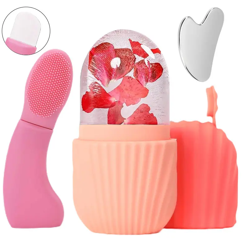 Adults' 3-Piece Unscented Gentle Facial Cleansing & Massage Skincare Tool Kit - Silicone Brush, Stainless Steel Gua Sha, Face Ice Tray, Rejuvenate, Facial Slimming, All Skin Types, Daily Use & Travel