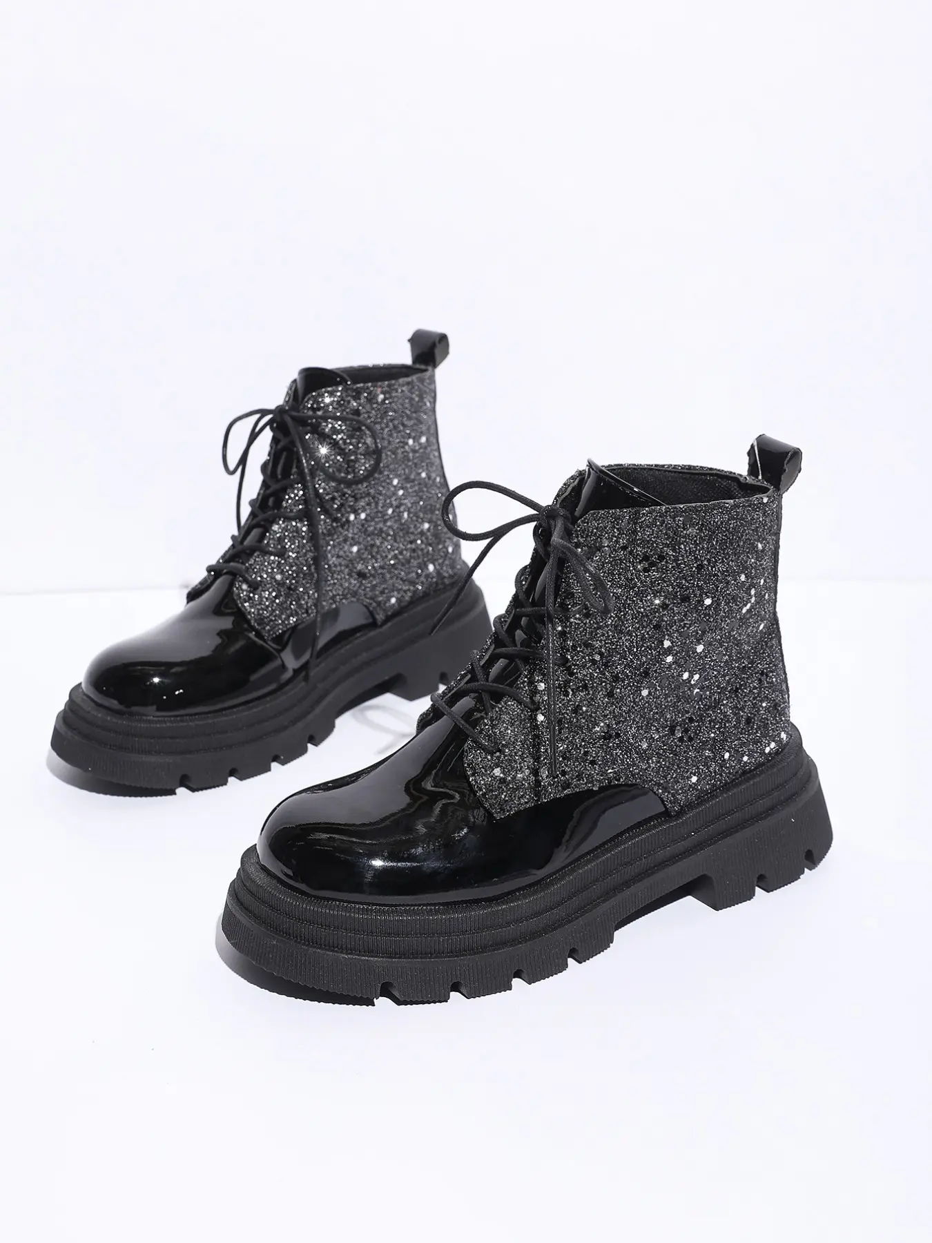 Women Glitter Patent Platform Combat Ankle Boots, Lace‑Up Sequin Patchwork Chunky Lug Sole Booties for Club, Festival, Party & Street Fashion Outfit