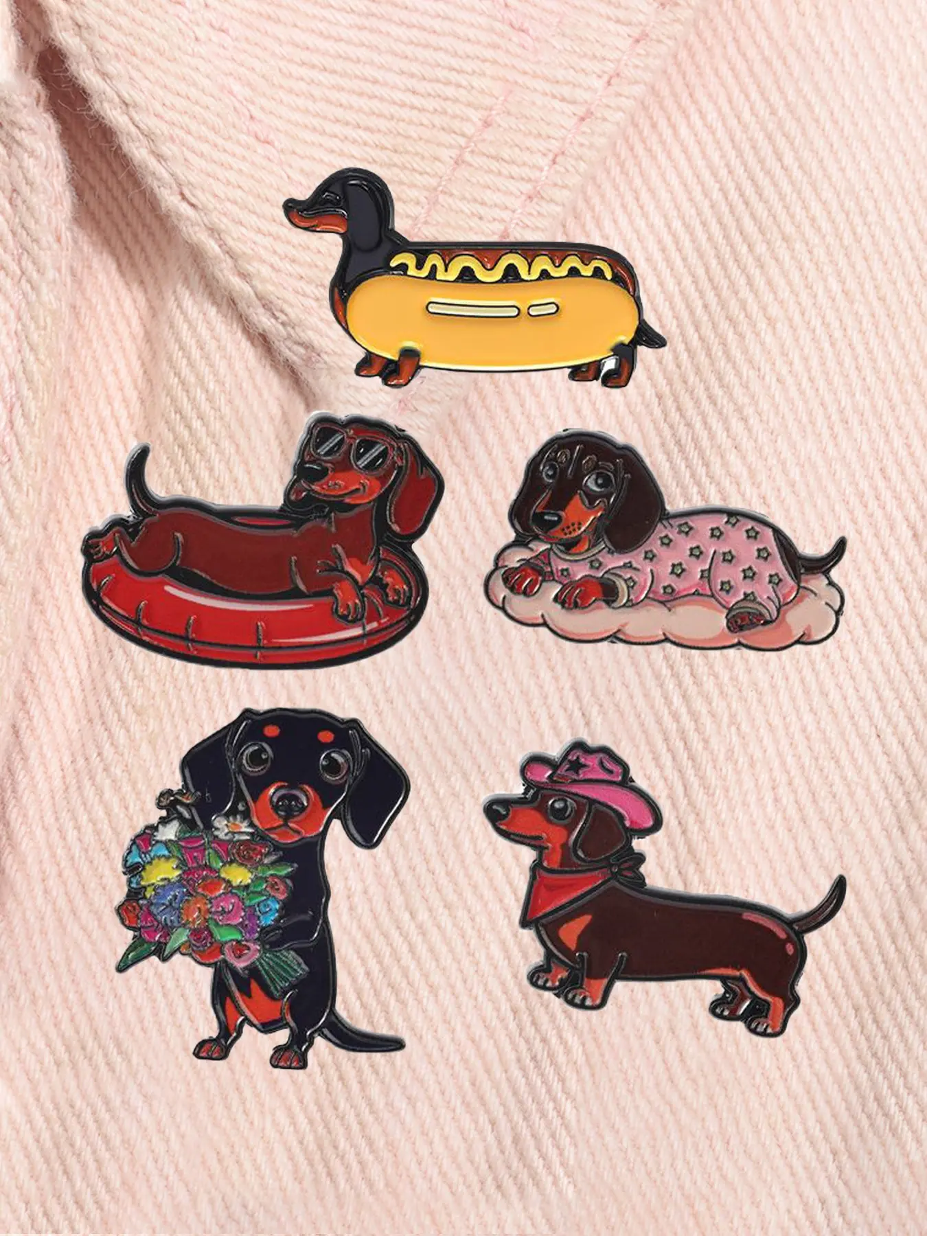 5pcs/set Cartoon Dachshund Enamel Pins Cute Sausage Dog Wiener Hotdog Cowboy Dogs Sunglasses Flower Bouquet Cowboy Hat Puppy Kawaii Pet Animal Alloy Brooches Lapel Backpack Badge Fashion Jewelry Accessories Gifts for Friends