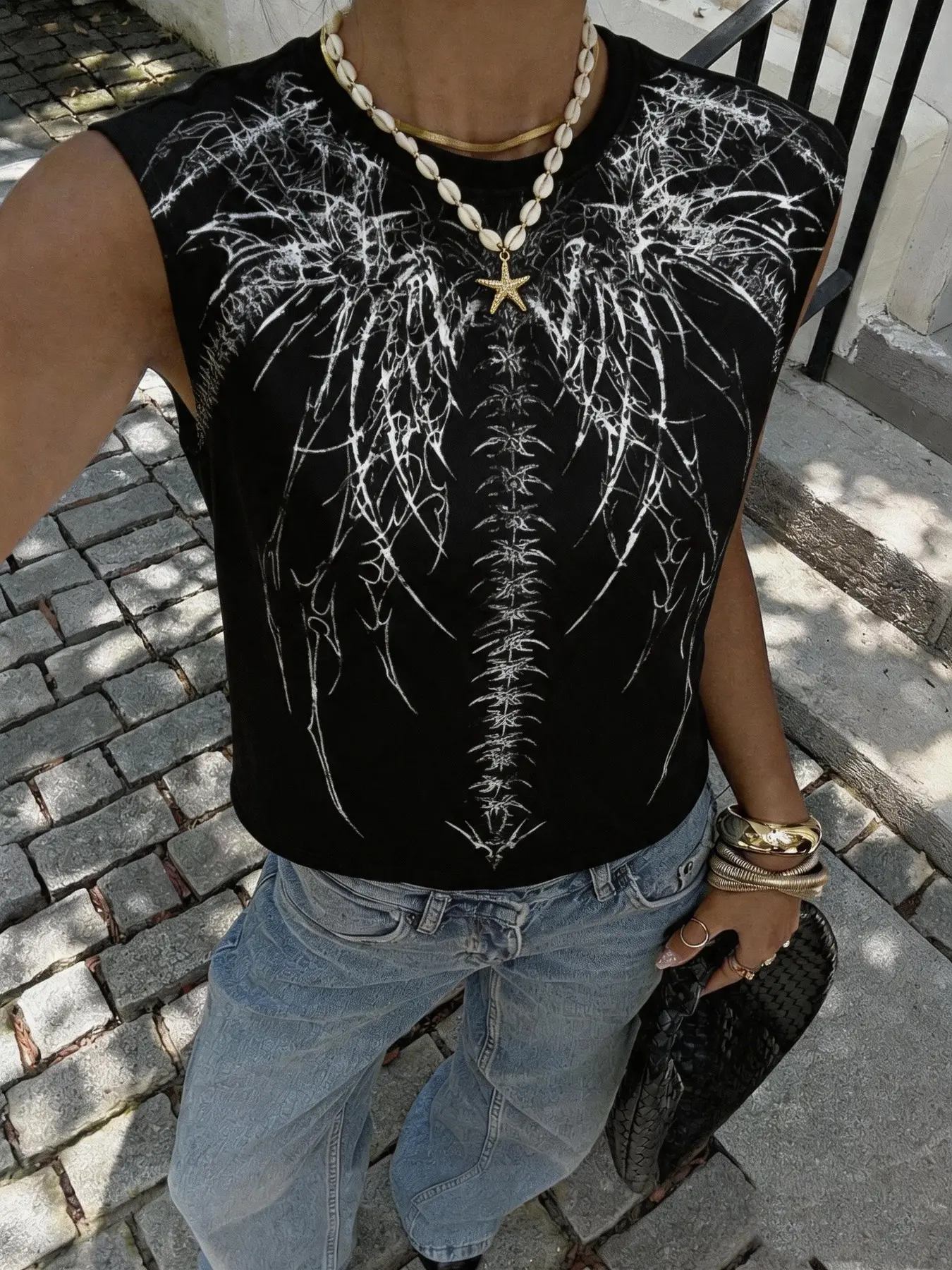 TikTok Viral Y2K Grunge Wing Print Crop Tank Top, Crew Neck Sleeveless Cropped Vest, Soft Casual Streetwear Tee for Teen Girls, Summer Daily Club Festival Going Out Slim Fit Tank Tops